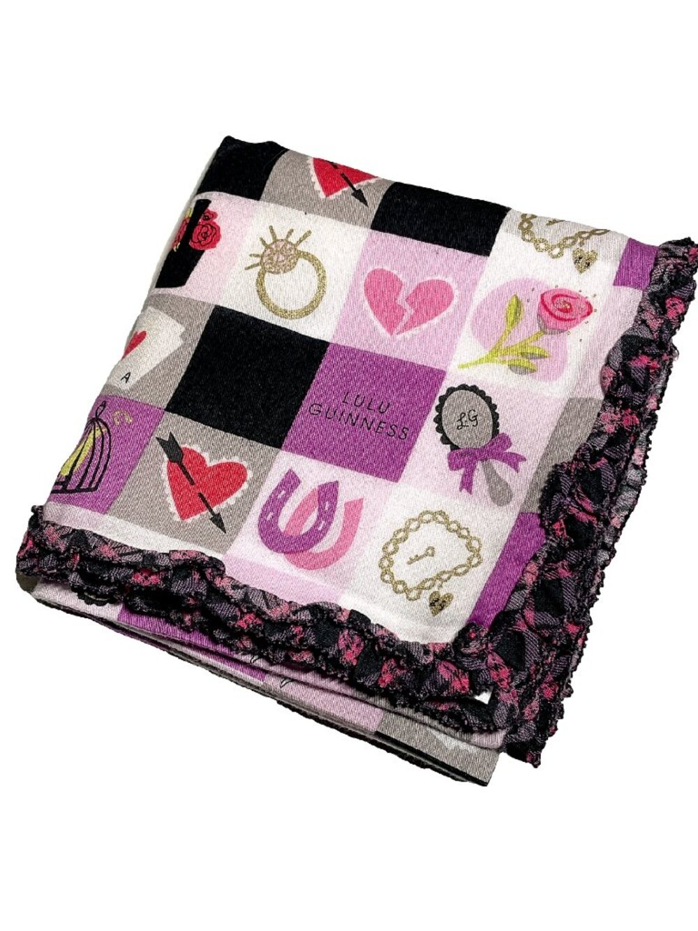 Lulu Guinness London Scarf – Retro Pink Check Pattern, Ruffle Border